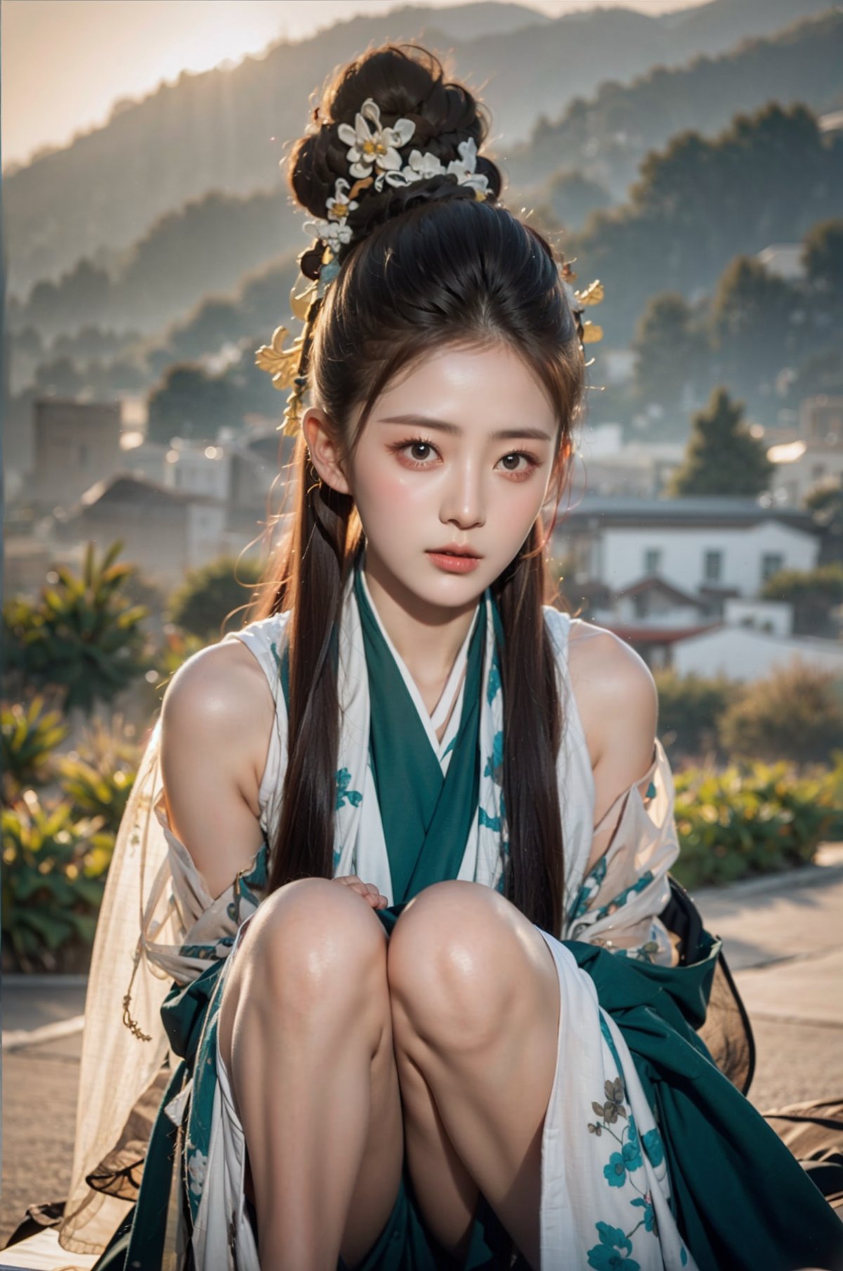 1girl,Hanfu,cloud,blue sky,looking at viewer,photorealistic,realistic,solo,