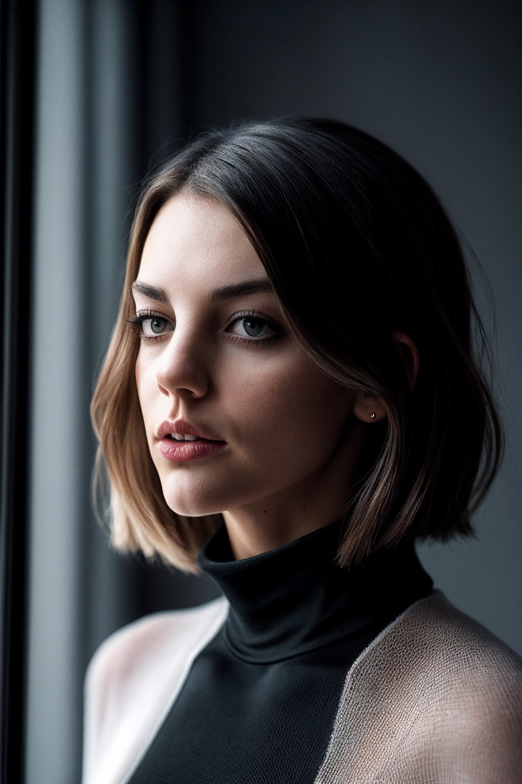 BlakeE_SoloTI_v1,  (In a tailored,  dark coat and a sleek turtleneck by Solo on Tensor.Art