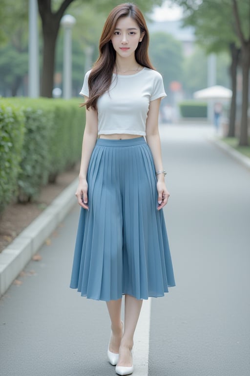 HDR photo of cinematic film still,  A young woman with long brown hair wearing a short white boatneck and blue pleated ski...
