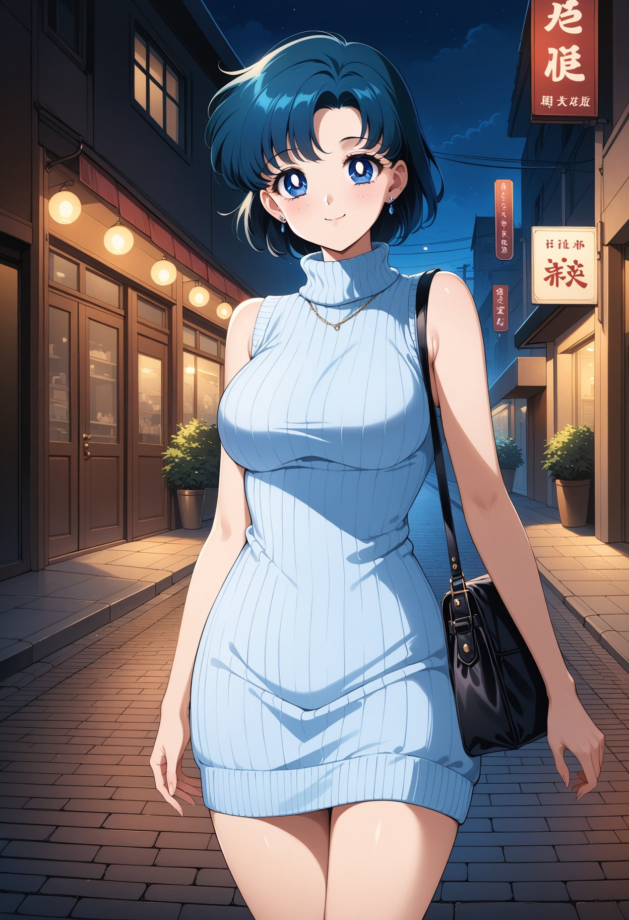 (masterpiece, best quality, very aesthetic, ultra detailed), intricate details, 4k, aamercury, short hair, blue hair, earrings, blue eyes, <lora:sailor_mercury_animaginexl_v1:0.9>, ribbed sweater, sweater dress, sleeveless, turtleneck, shoulder bag, smile, night, street, standing, cowboy shot,