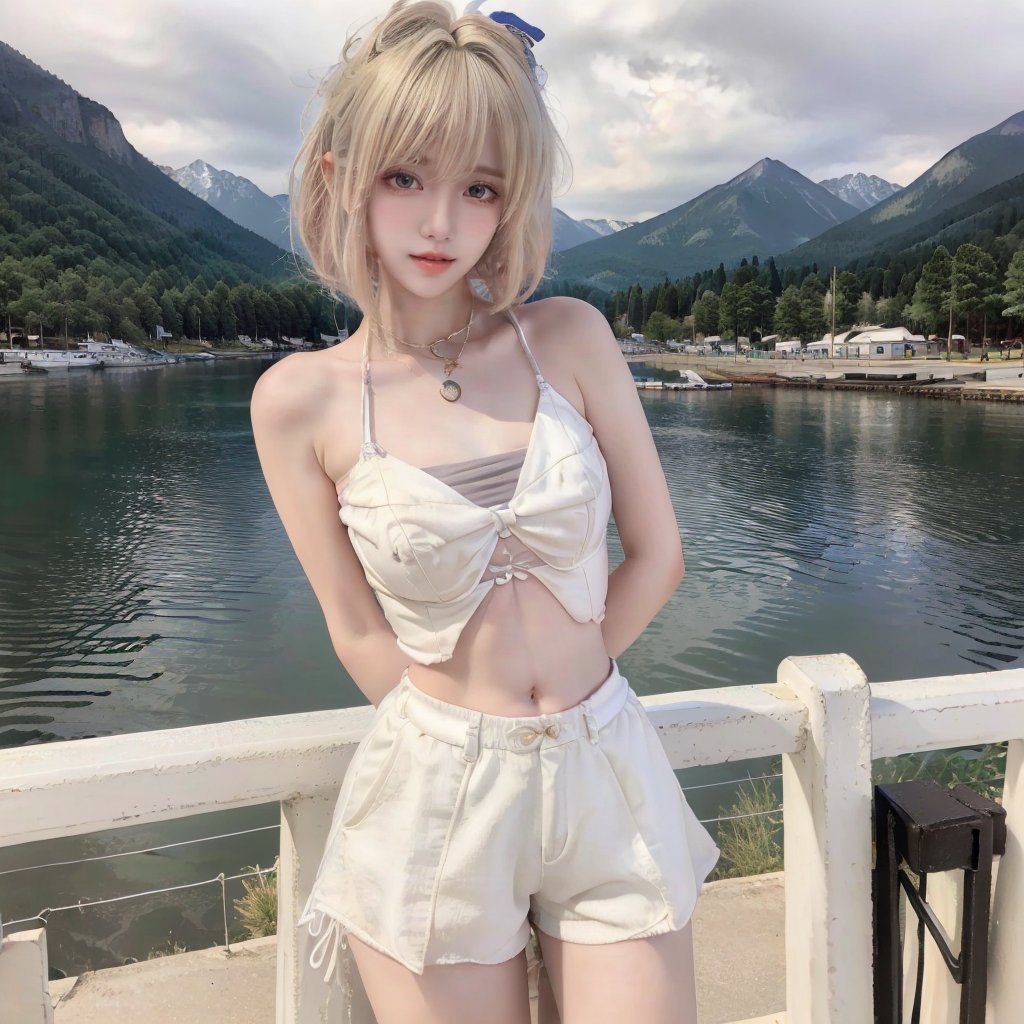 (Best quality, High resolution, Masterpiece :1.3),A pretty woman with slim figure,Breasts,(Dark brown layered haircut),Wearing pendant,T-shirt,White shorts,Outdoor,Great view,Lake and mountains in distant background,Details exquisitely rendered in the face and skin texture,Detailed eyes,Double eyelid,(((arms behind back))),<lora:小塔姆:0.8>,