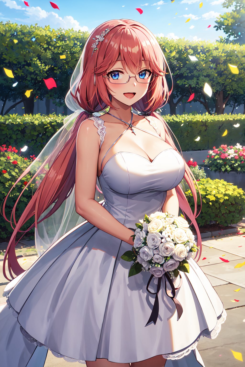 masterpiece, best quality, highres, 1girl, solo, long hair, pink hair, low twintails, blue eyes, glasses, large breasts, <lora:sakura_airi_v1:0.7>, standing, cowboy shot, wedding dress, white dress, smile, open mouth, holding bouquet, garden, confetti,