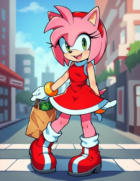 score_9, score_8_up, score_7_up, 1girl, solo, outdoors, city, sidewalk, holding paper bag, groceries, looking at viewer, amy_rose, red dress, red boots, multicolored boots, white gloves, jewelry, looking at viewer, smile, open mouth, standing, short dress, blurred background, blurry background, dof <lora:AmySDXL:0.85>