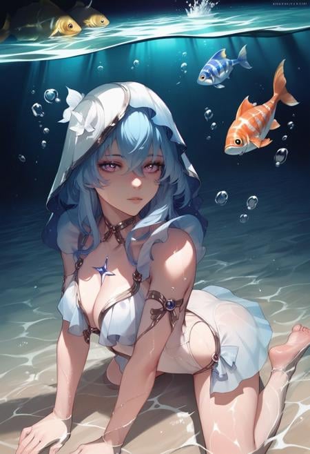 score_9, score_8_up, score_7_up, source_anime, beautiful detailed face, BREAK,SHOREKEEPER (WUTHERING WAVES), swimming suit, under sea, water, fish