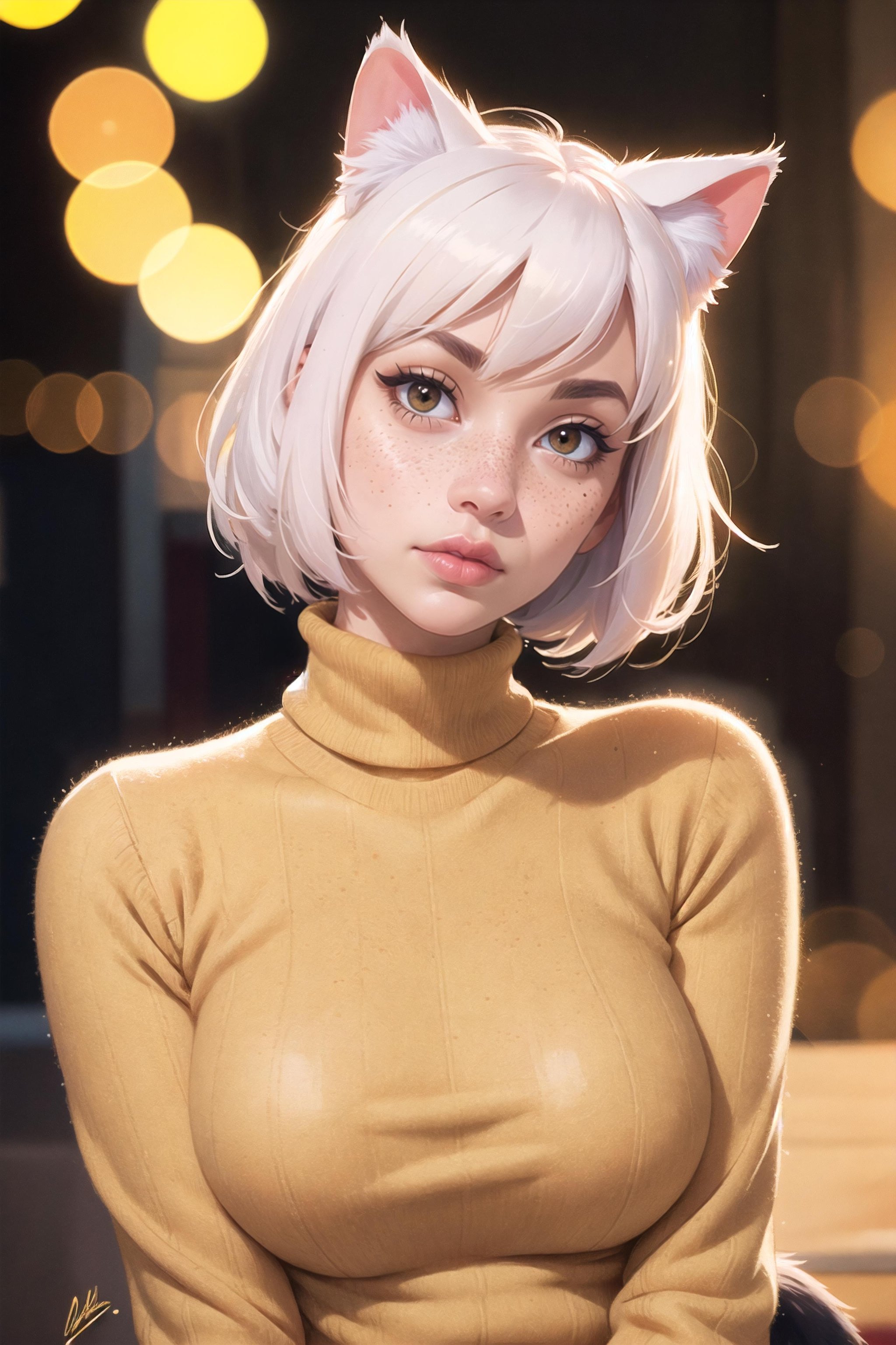 Portrait shot, short hair, freckles, white hair, cat ears, full lips, turtleneck sweater, bokeh background, outside, (masterpiece), (best quality:1.2), absurdres, intricate details, (highly detailed skin:1.2),