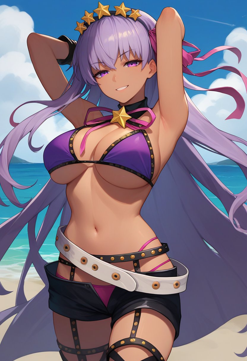 score_9, score_8_up, score_7_up, source_anime, solo, 1girl, bbswimst2, dark skin, smile, looking at viewer, arms behind head, hair ribbon, star hair ornament, hairband, half-closed eyes, purple bikini, fingerless gloves, black shorts, thighhighs, black garter belt, white belt, bracelet, large breasts, beach <lora:fate_bb_ponyXL:1>