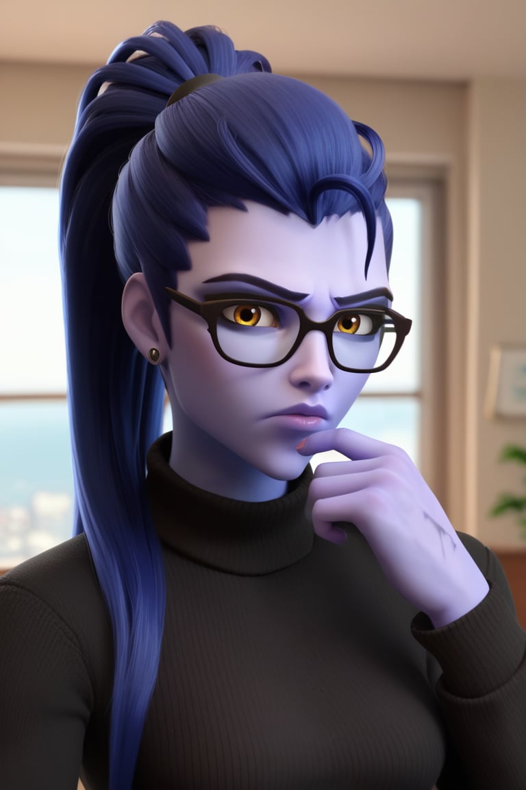 score_9, score_8_up, score_7_up, BREAK, <lora:owc-guy-PONYv1:1>, 1girl, solo, widowmaker \(overwatch\), glasses, ponytail, black sweater, turtleneck sweater, looking at viewer, annoyed, depth of field, indoors, window, depth of field, 