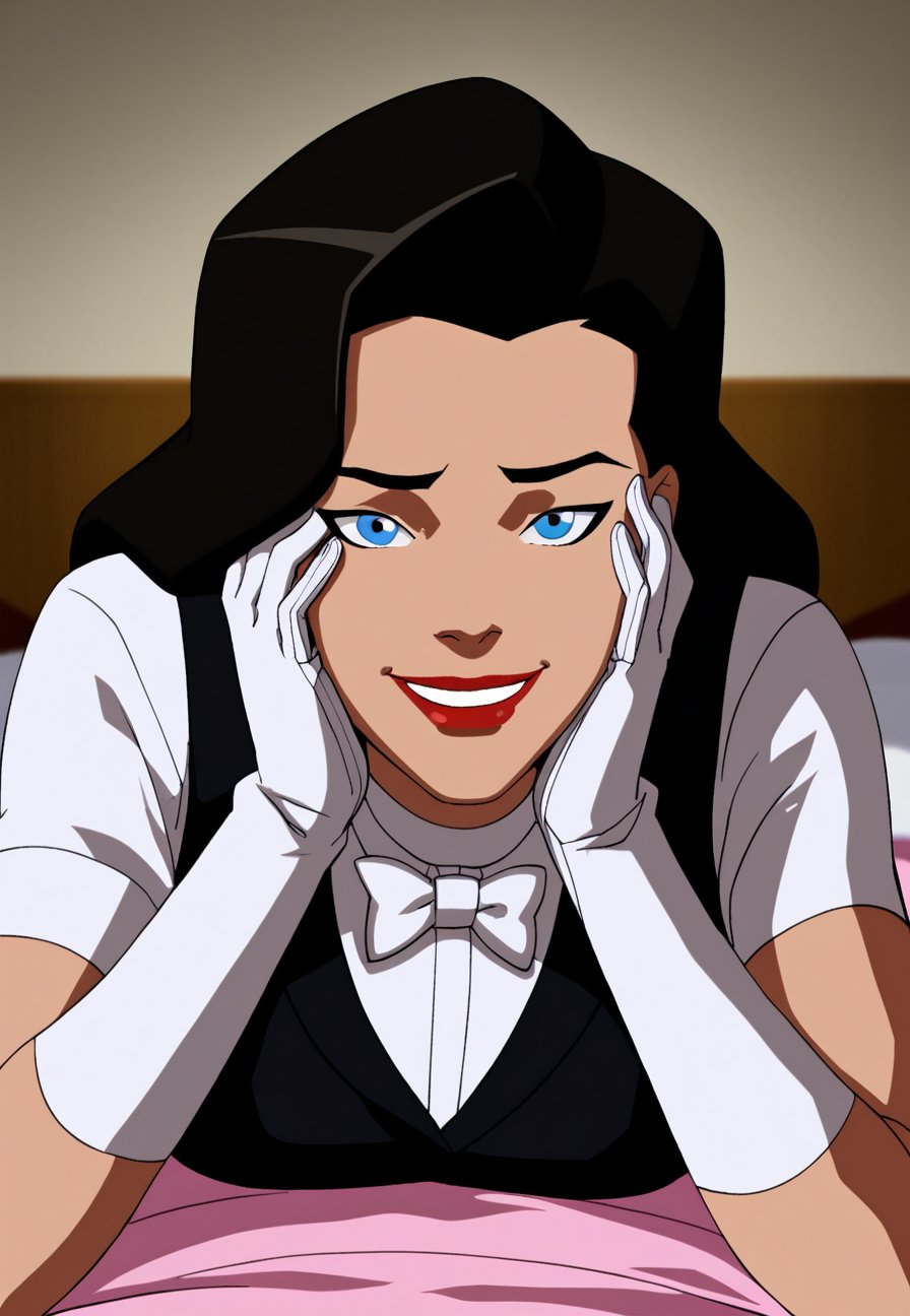 score_9_up, score_8_up, score_7_up, <lora:Young_justice_girls_PDXL_by_paprikalem:0.9>, dc comics, young justice style, flat colors, 1girl, zatanna, black hair, long hair, blue eyes, makeup, red lipstick, zatanna classic costume,white bowtie, white shirt, black vest, white gloves, black shorts,(in bed,lay, on stomach, hands on face, smile, face focus), solo, indoors, bedroom,best quality, high quality