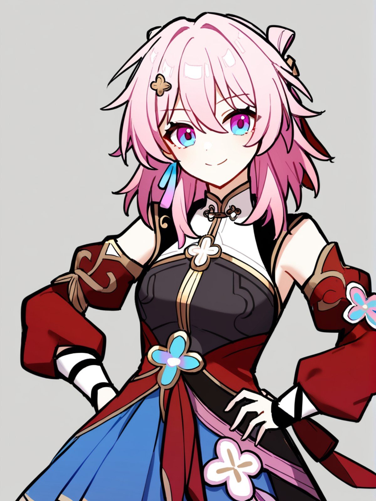 1girl,    march 7th \(hunt\) \(honkai: star rail\), solo, red sleeves, medium hair, detached sleeves, purple eyes, earrings, hand on own hip, closed mouth, single earring, simple background, white background, smile, blue skirt, pink hair, skirt, jewelry,   safe <lora:mki-ani31-march_7th_hunt-v4:1>