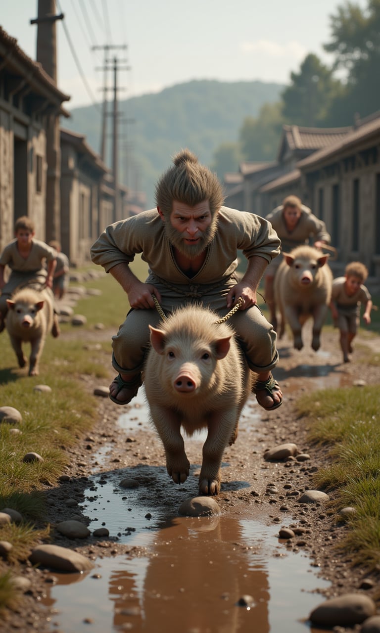 JQZX, Sun WuKong, wukong rides a pig, running in the rural yard with a lot of mud on his face, a group of rural children ran happily behind wukong and pigs.