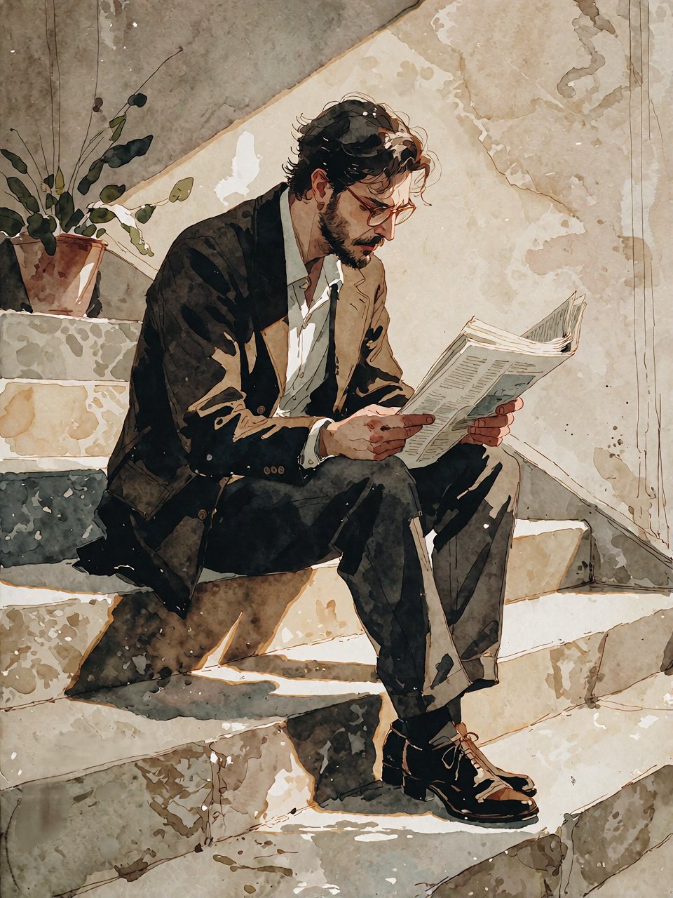 Bradhamel art style. A watercolor painting of a man with dark,  tousled hair and glasses,  seated on stone steps by KDess...