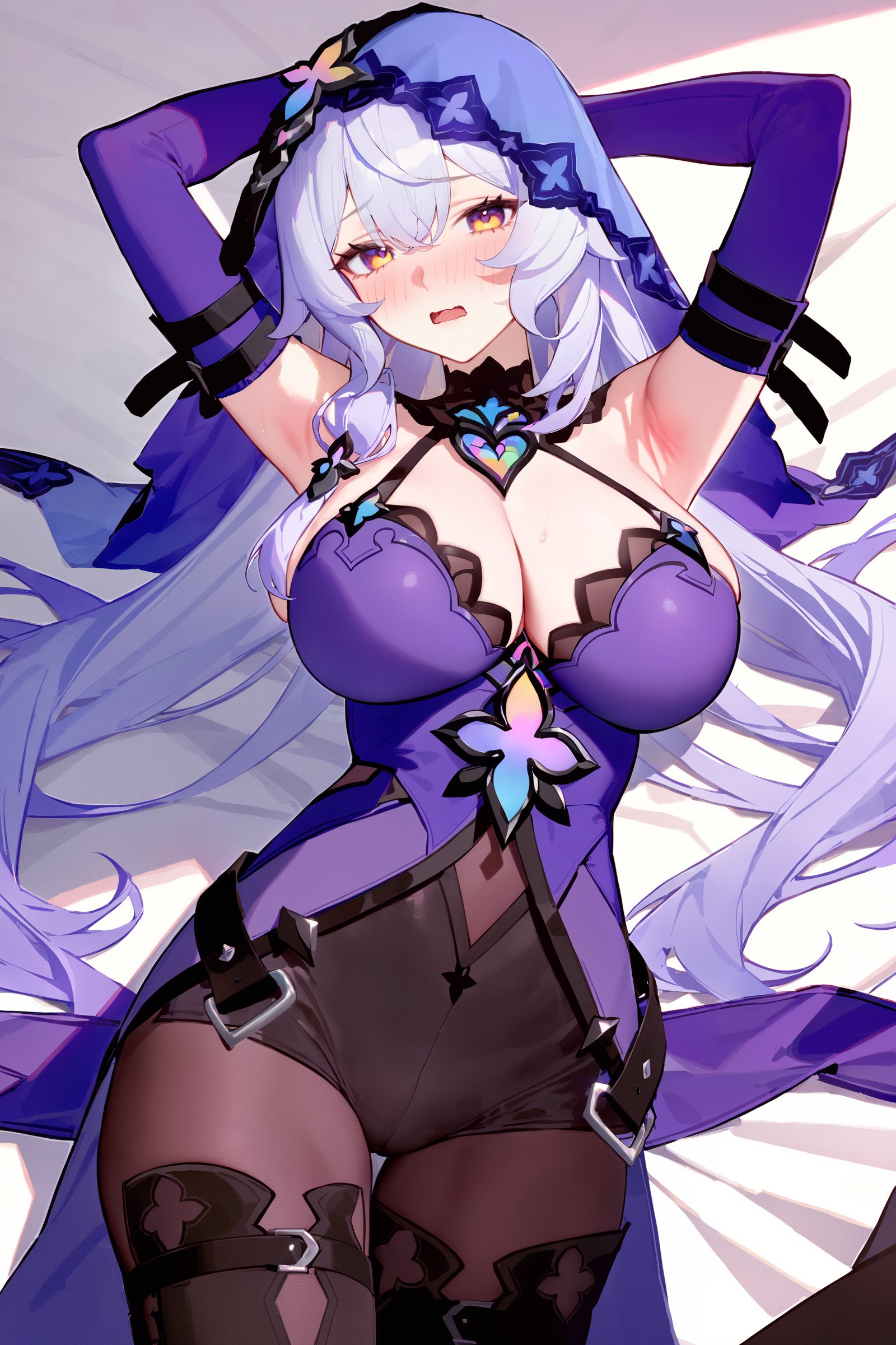 masterpiece, best quality, very aesthetic, ray tracing, newest,(hitenkei, askzy:0.5), 1girl, black swan \(honkai: star rail\), solo, black gloves, veil, thigh boots, detached sleeves, purple halter dress, (pantyhose), short shorts, detached collar, lying on bed, cowboy shot, embarrassed, blush, wavy mouth, looking at viewer, arms up  <lora:quality1:0:hr=1>,  <lora:Char-HonkaiSR-BlackSwan-XL-V1:1>