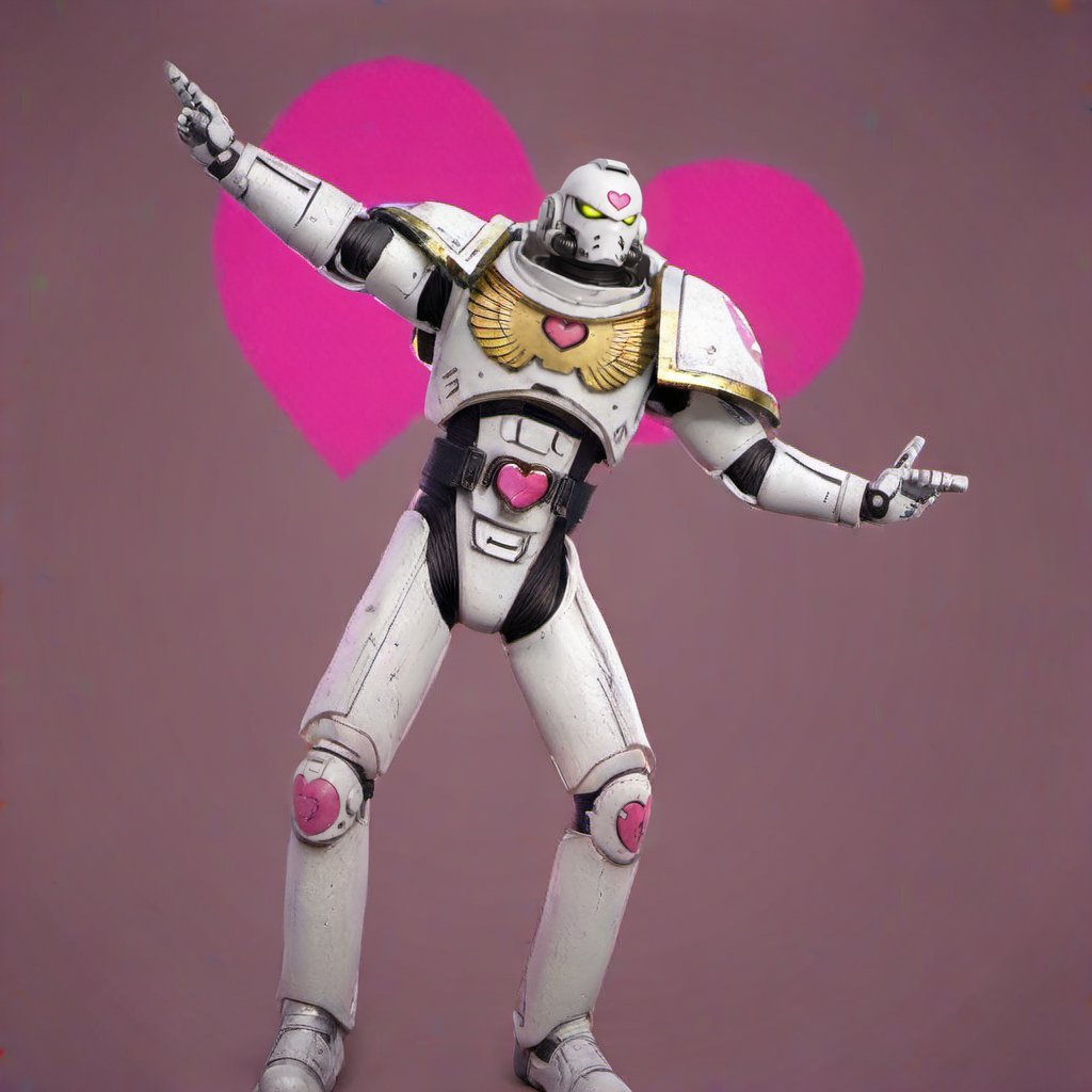 a white spacemarine robot, bro attitude, cyberpunk city background, pink heart, peacesign <lora:SpaceMarine1024:0.8>