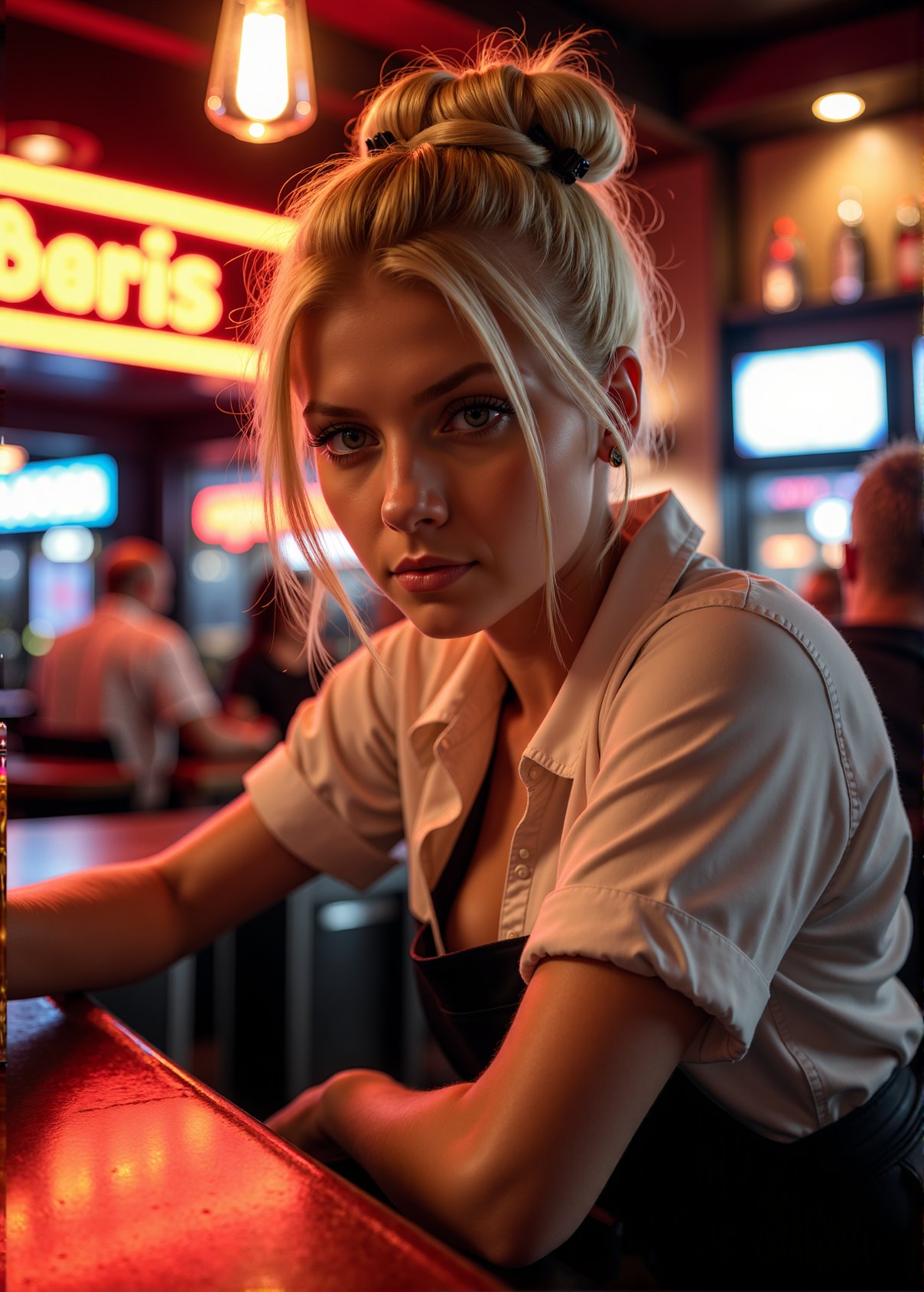 Blonde Hair,  21 years old,  Cute female Waitress serving drinks at a club. Leaning over the bar. Loose shirt by WillieF o...