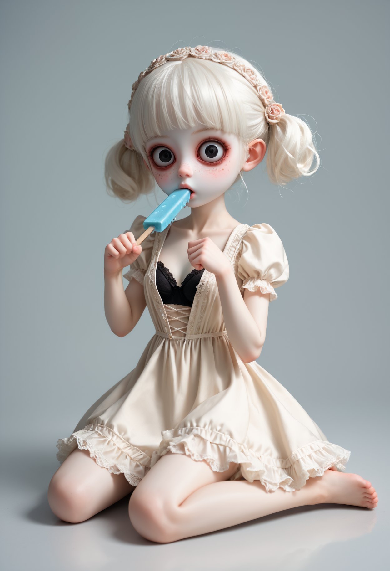 score_9,score_8_up,score_7_up,score_6_up,p4wp0s3,paw pose,1girl,long long white hair,small breasts,black bra,beige victorian dress,plunging neckline,freckles,(creepy doll),attractive,black eyes,(simple background),(ceramic doll),(white ceramic skin:1.6),half a meter tall,dummy joints,((shelved)),sits,full body,medium pupils,(popsicle),thick reddish-black eye liner,