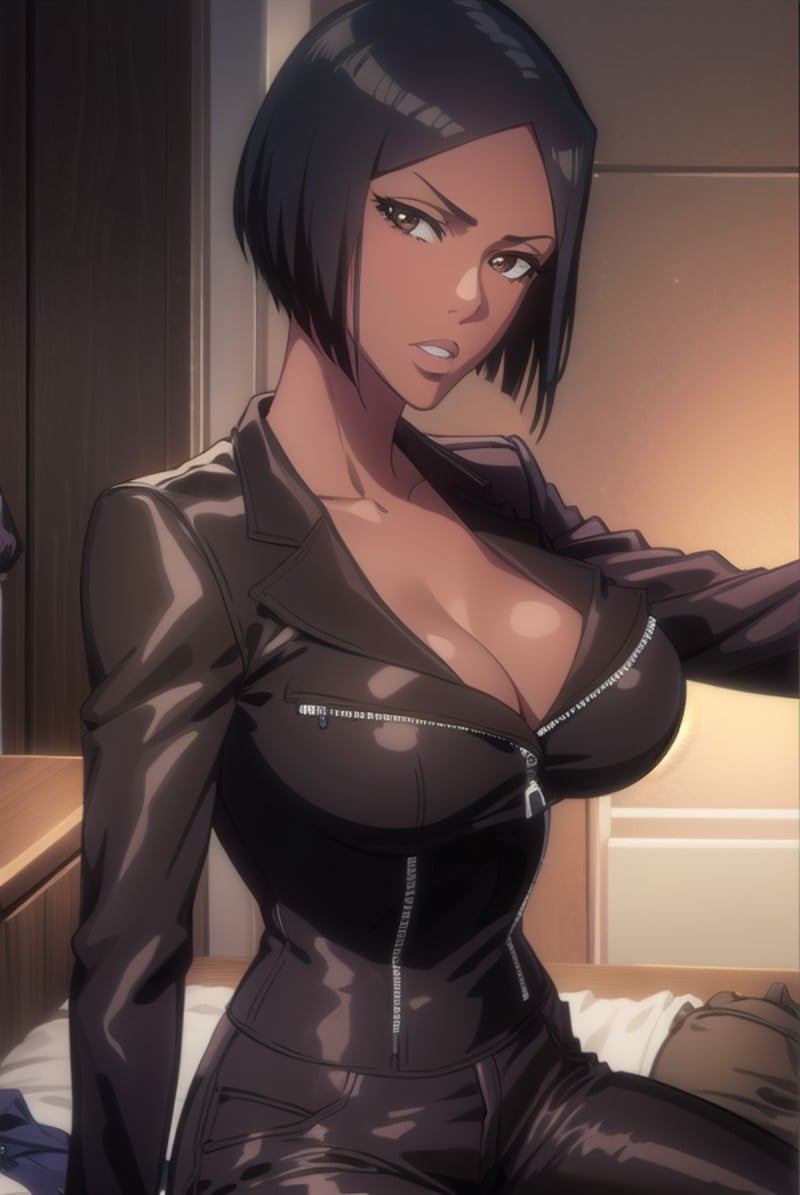 jackietristan, <lyco:jackietristan-lyco-nochekaiser:1>,jackie tristan, short hair, black hair, dark skin, dark-skinned female, (brown eyes:1.5),BREAK cleavage, boots, pants, grey pants, jacket, long sleeves,BREAK looking at viewer, full body,BREAK indoors,BREAK <lyco:GoodHands-beta2:1>, (masterpiece:1.2), best quality, high resolution, unity 8k wallpaper, (illustration:0.8), (beautiful detailed eyes:1.6), extremely detailed face, perfect lighting, extremely detailed CG, (perfect hands, perfect anatomy),