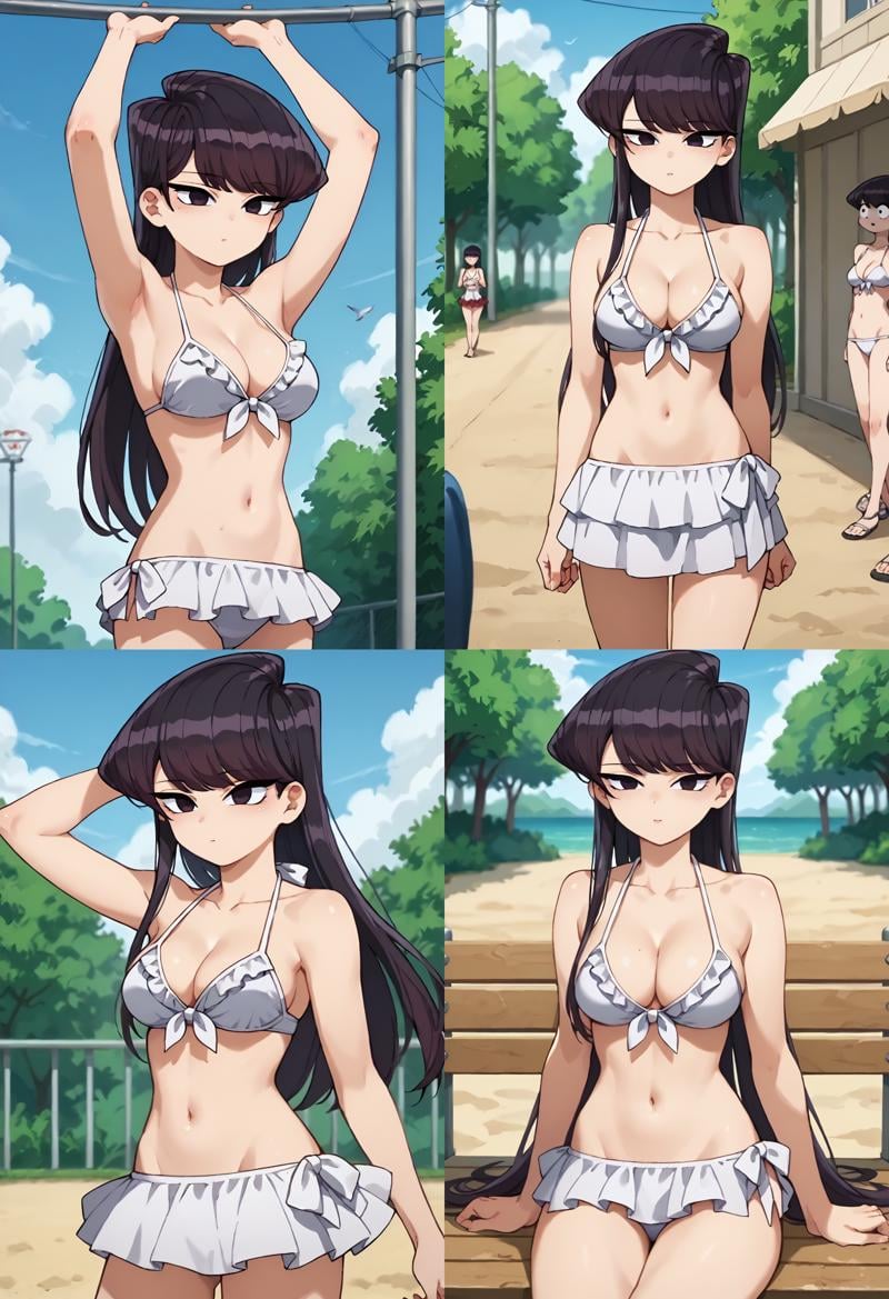 score_9, score_8_up, score_7_up, score_6_up, score_5_up, score_4_up,  <lora:Komisanpony-10:1>Komisansw, komi shouko, 1girl, long hair, black hair,  black eyes, swimsuit, white bikini, frilled bikini, bikini skirt, navel, cleavage, medium breasts, outdoors,  __femalePosesWildcard400_v10/female-poses__, 