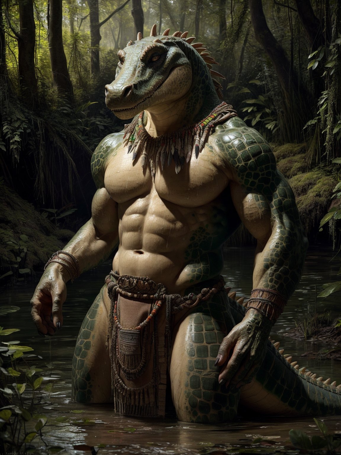 sweat drops, photography, (cool posing:1.1025), smooth skin, ultra realism shading, anthro, green, gator, photorealistic, nude, suggestive, (rembrandt:1.1025), huge pecs, tribal, warrior, biceps, (loincloth:1.05), tiny small waist, slim hunk, nsfw, in a swamp, white belly, tail