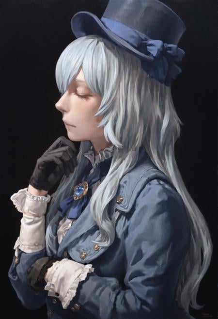 masterpiece, best quality,1girl, solo, furina \(genshin impact\), gloves, long hair, hat, blue jacket, jacket, ascot, blue ascot, blue brooch, blue headwear, top hat, white hair, closed eyes, long sleeves, black gloves, blue hair, upper body, multicolored hair, white gloves, black background, blue bow, bow, closed mouth, from side <lora:ponyXLlokr4f-000182:0.95>