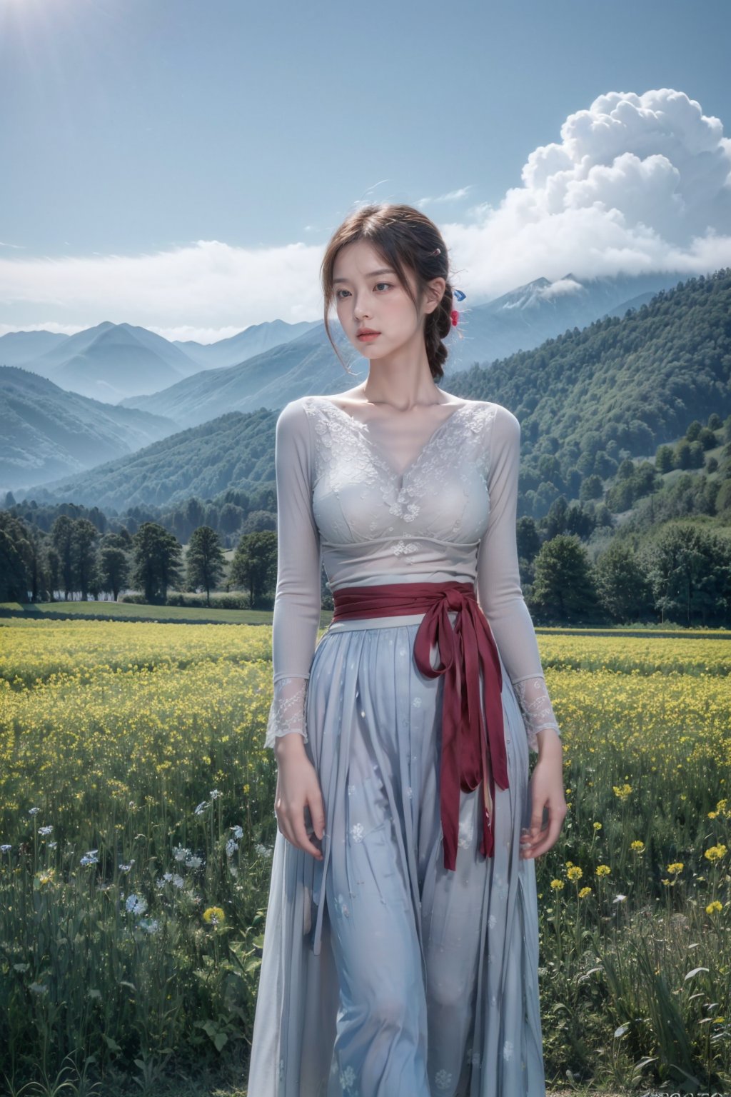 Realistic,masterpiece,best quality,8K,HDR,RAW,1girl,((solo)),(Spring scenery, mountains in the distance, beautiful clouds, rape flower fields),(standing),large breasts,Looking at the audience,(up body:1.2), <lora:add_detail:0.6>,<lora:GoodHands-beta2:1>,<lora:ENNE国风套装_v2_10:0.9>,chinese clothes,