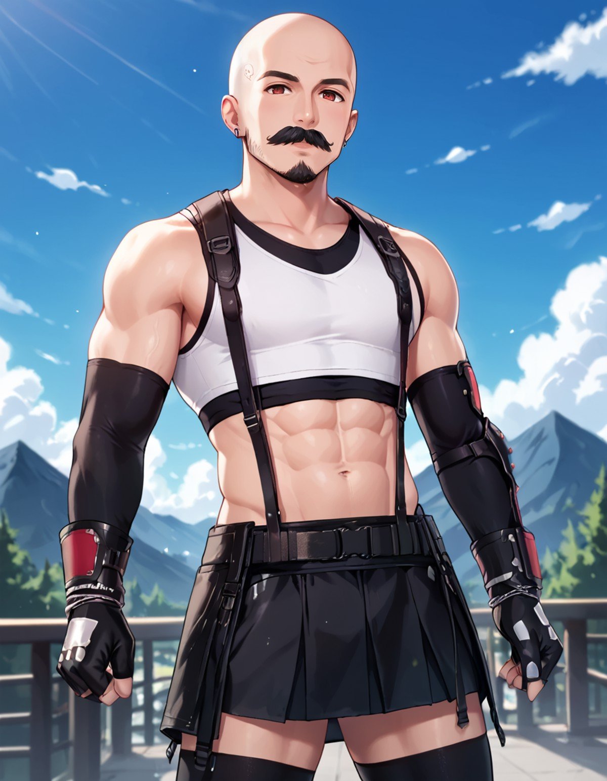 <lora:tifa:0.9>1boy wearing t1fa outfit, ((male focus. muscular)), bald,facial hair,fluffy mustache, skull tattoo,mountains background,sky, clouds,BREAKscore_9, score_8_up, score_7_up, 