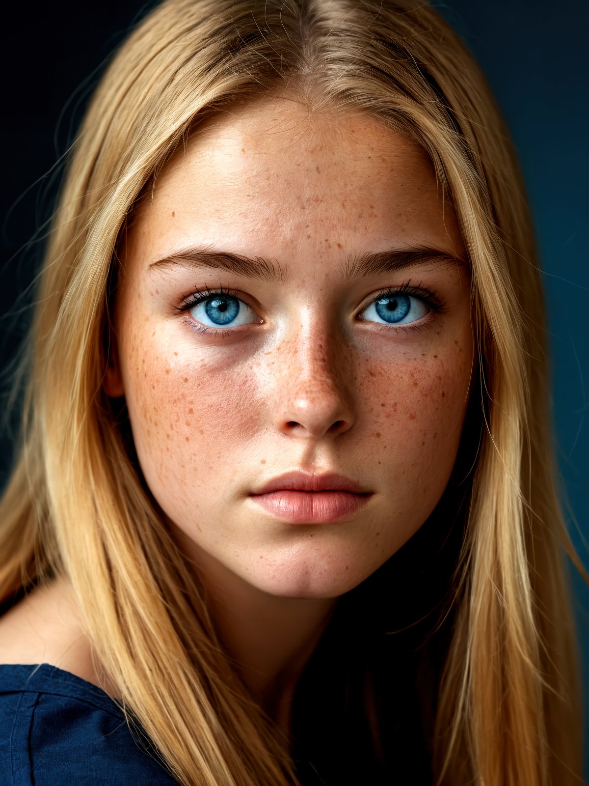 Photo portrait of a 21 y.o. Dutch woman, defiant, pensive, freckles, long dark straight blonde hair, blue eyes