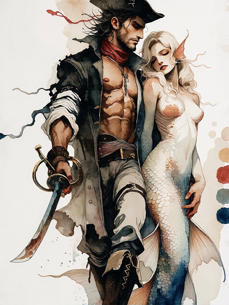 Bradhamel art style. A muscular,  bearded man with long dark hair and a pirate-like appearance stands protectively over a...