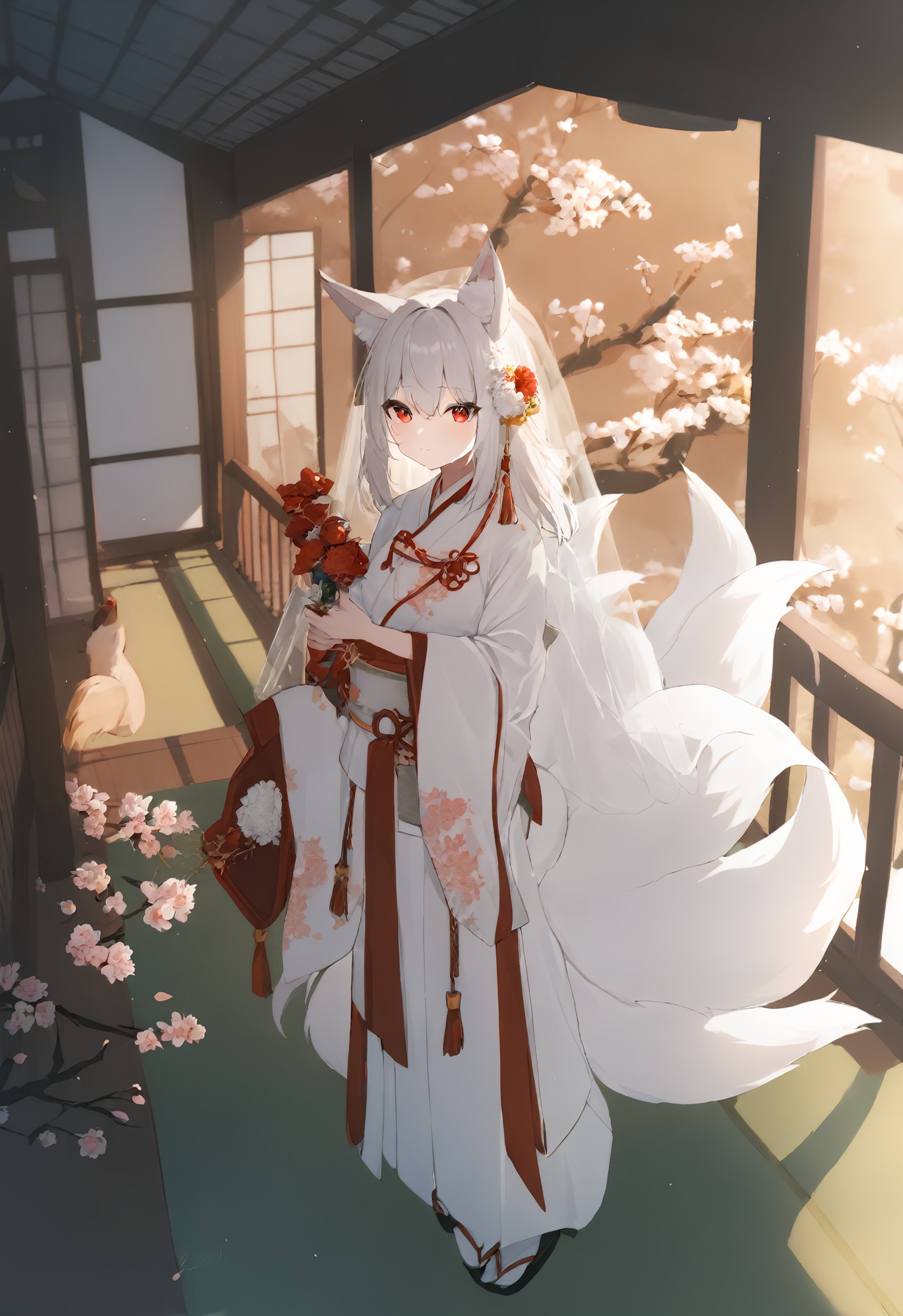 1girl, solo,tail, multiple tails, animal ears, bird, red eyes, fox ears, uchikake, japanese clothes, veil, tail, flower, solo, fox tail, looking at viewer, kimono, white hair, fox girl, standing, long sleeves, wide sleeves, indoors, bangs, eyebrows visible through hair, tatami, full body, closed mouth, white kimono, bride, wedding dress, red flower, bridal veil, yellow flower, holding, tree, floral print, hair ornament, hood, see through, from side, sidelocks, animal ear fluff, tassel, short hair, long hair, dress, white flower, silver hair, ribbon, peony \(flower\), hair between eyes, railing, cherry blossom,masterpiece, best quality, absurdres, recent, newest, safe, sensitive