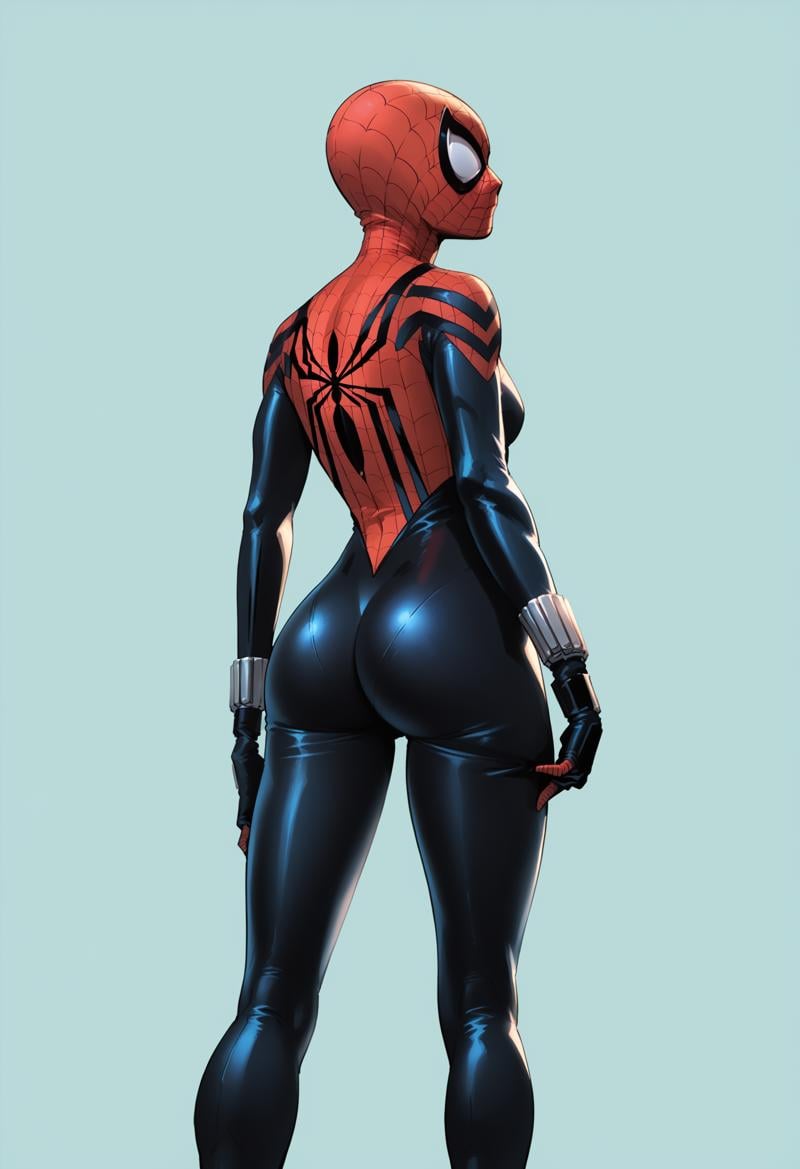 score_9, score_8_up, score_7_up, score_6_up, score_5_up, score_4_up, 1girl, <lora:SpiderGirl:0.85> superhero, bodysuit, spider web print, mask, standing, from behind, large ass, bubble butt, ass focus, looking back, (light blue background), simple background,