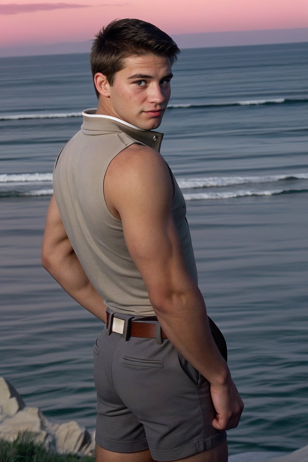 looking back,  jamieperson,  wearing slim-fit grey polo shirt and tan shorts by razputin on Tensor.Art