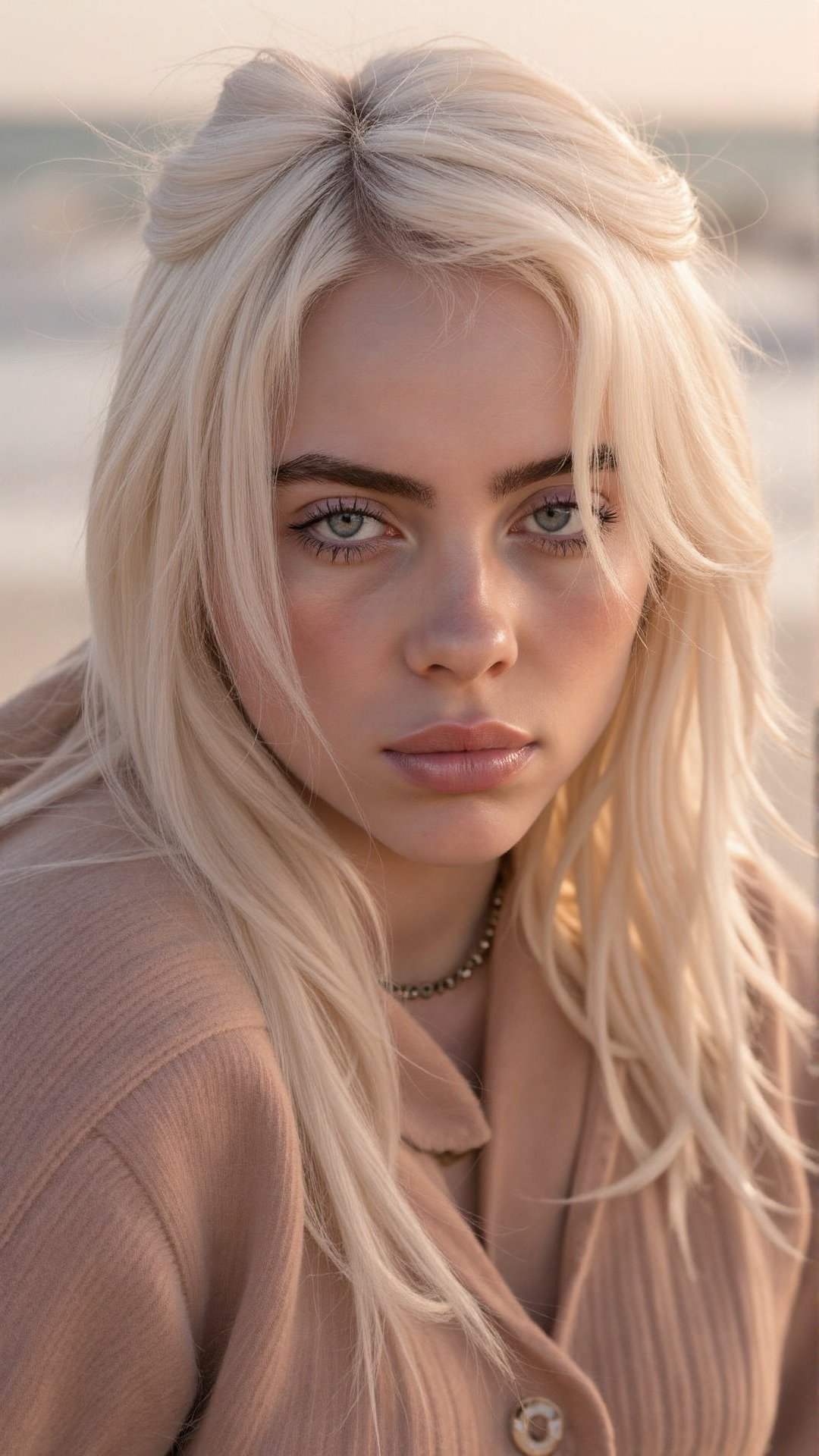 In an extremely high-quality close-up shot on a windswept beach, Billie Eilish, with her bleach blonde hair tousled by the salty breeze, gazes intensely into the camera with her piercing blue eyes framed by smudged black eyeliner, her skin glowing under the soft, golden light of the setting sun, while she wears a cream-colored oversized sweater that subtly catches the light, its texture blending with the natural elements around her, as the blurred backdrop of sand and rolling waves creates a serene yet striking contrast to her bold, moody expression.BREAK <lora:billieeilish-lora:1>