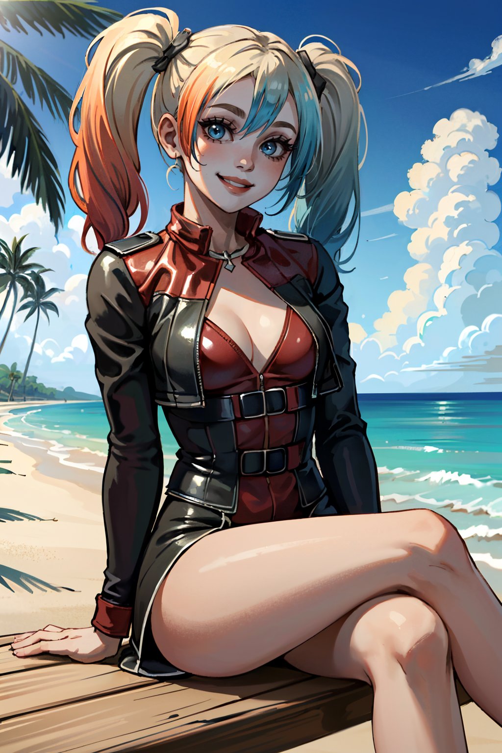 ((ultra detailed, masterpiece, absurdres)) <lora:I2HQuinn:0.8>I2HQuinn, 1girl, twintails, multicolored hair, blonde hair, blue eyes, smile, on the sandy beach, minidress, palm trees in the background, sitting cross-legged