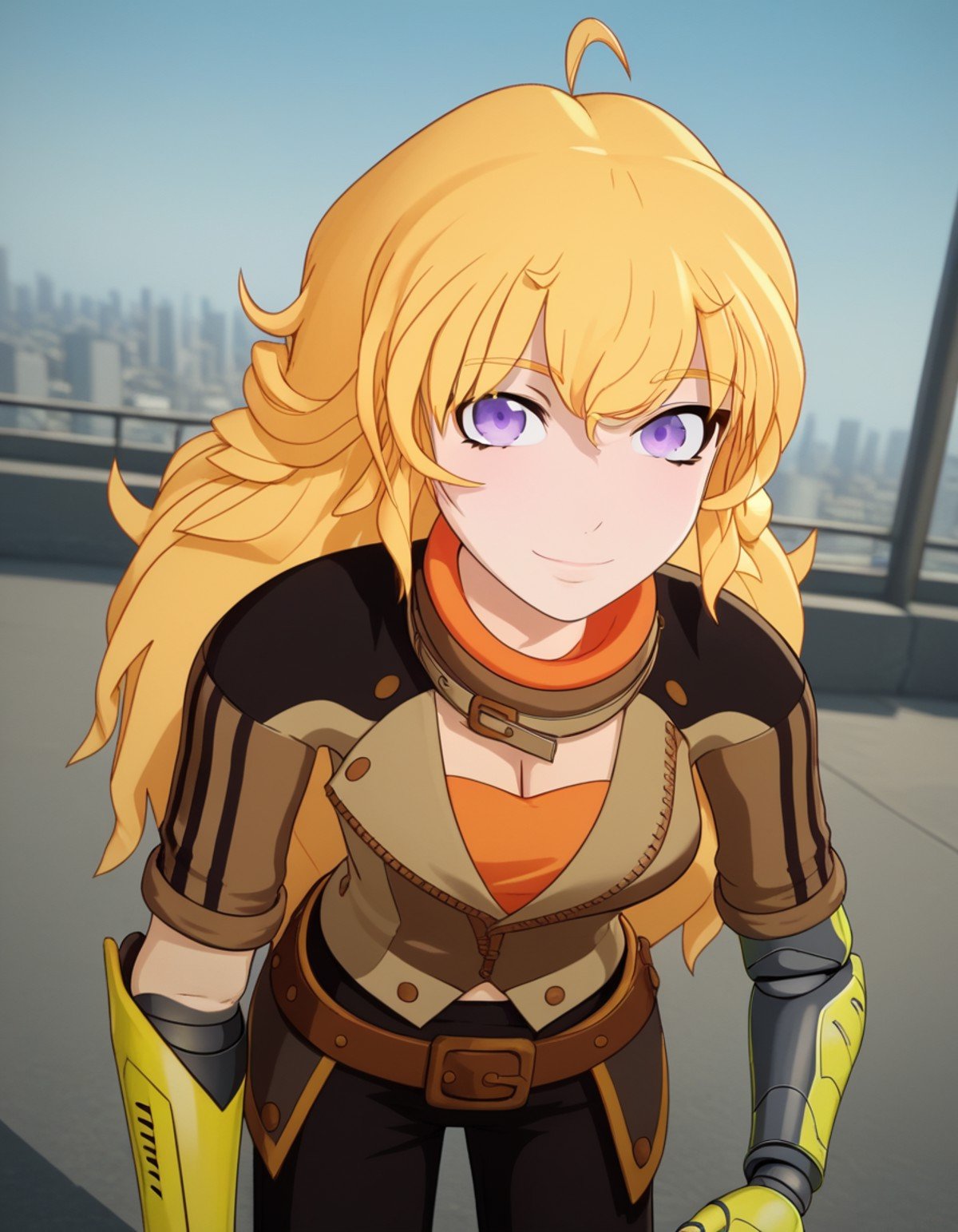 score_9, score_8_up, score_7_up, source_anime, <lora:yang-xiao-long-ponyxl-lora-nochekaiser:1>, yang xiao long, long hair, blonde hair, purple eyes, ahoge, bangs,, cleavage, jacket, belt, mechanical arms, single mechanical arm, prosthesis, prosthetic arm,, cityscape, street, bent over, smile, looking at viewer, solo, cowboy shot, dutch angle