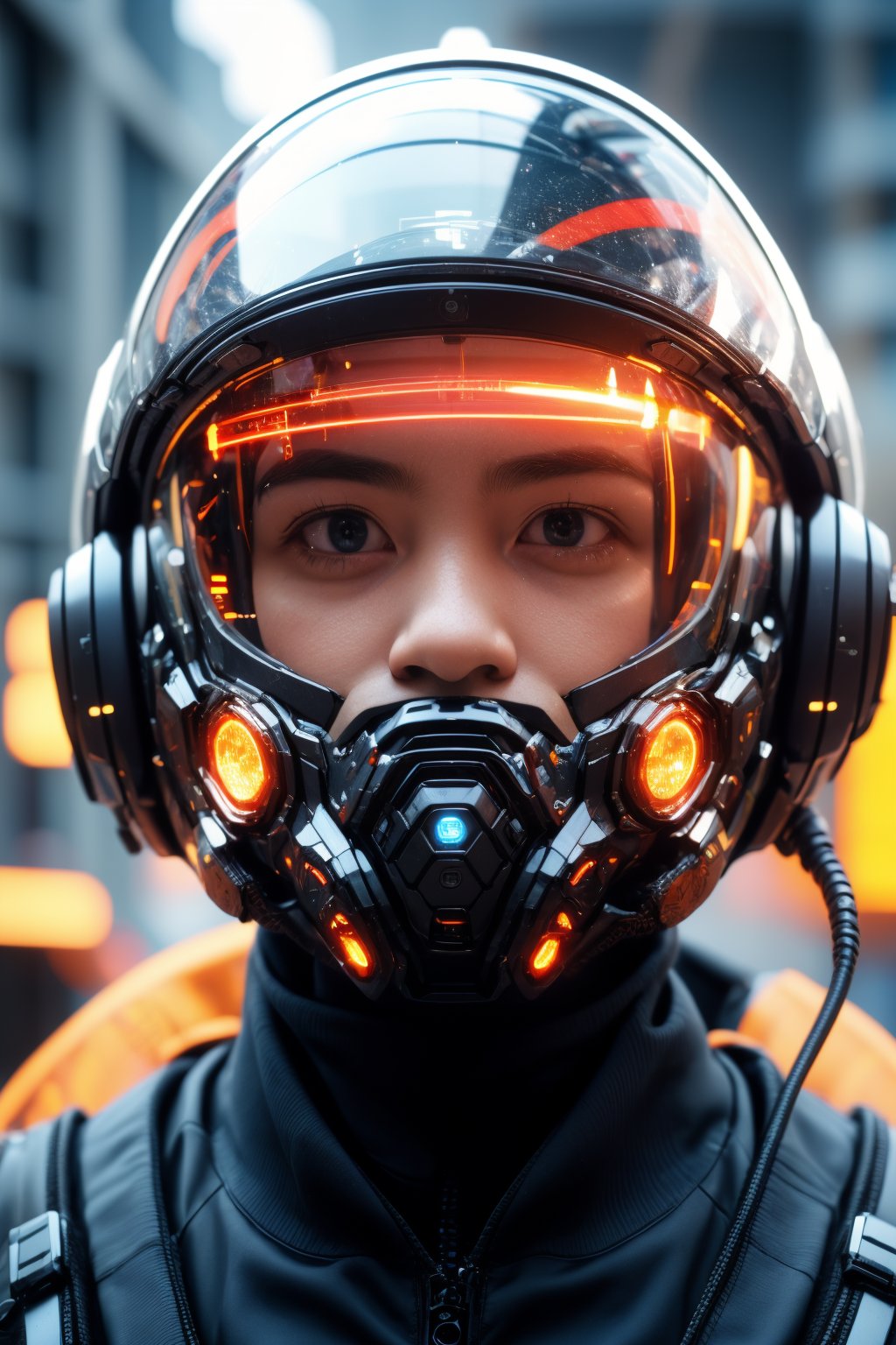 1boy, solo, realistic, science fiction, helmet, cable, cyberpunk, lips, portrait, head-mounted display, blurry, robot, depth of field, blurry background, closed mouth, screen, glowing, facing viewer