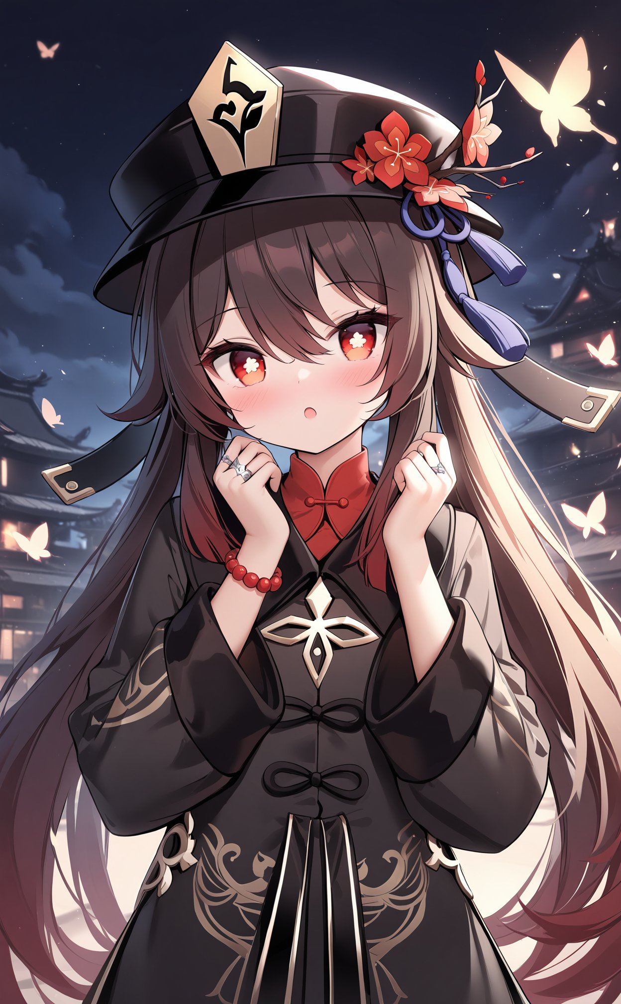 (masterpiece),(best quality),illustration,ultra detailed,hdr,Depth of field,(colorful),chen bin,1girl,hu_tao_(genshin_impact),solo,long_hair,brown_hair,hat,long_sleeves,flower,jewelry,red_eyes,black_headwear,ring,blush,hat_flower,symbol-shaped_pupils,very_long_hair,bug,butterfly,open_mouth,hair_between_eyes,hands_up,flower-shaped_pupils,upper_body,red_flower,night,bracelet,red_shirt,chinese_clothes,shirt,looking_at_viewer,:o,coat,glowing_butterfly,