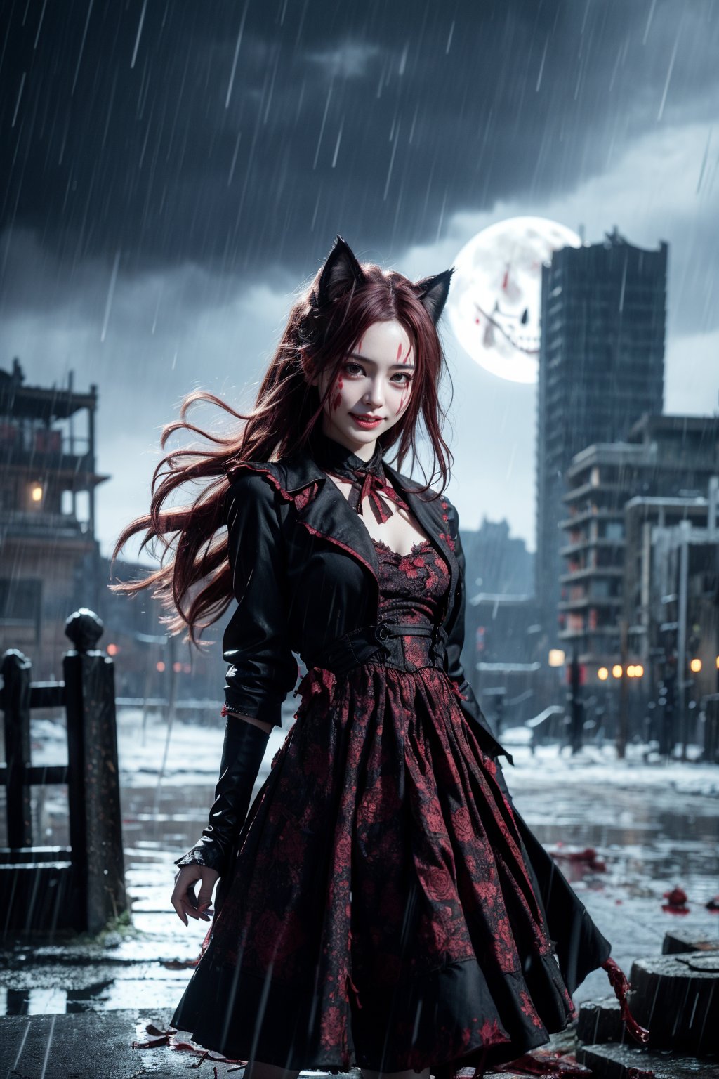 cat,(8k, RAW photo, best quality, masterpiece:1.2, scarier, little girl cat ears, :3, ulu, slit pupils, cat head, graveyard, ruins, wasteland, sky, night, full moon, rain, rainy days, in the rain, rose, red rose, grin, (((evil smile, nervous smile, Glasgow smile, bloody))),,,