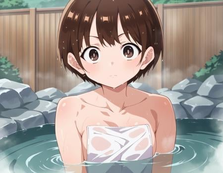 score_9, score_8_up, score_7_up, source_anime,chihirokobayashi, <lora:chihiro-kobayashi-s2-ponyxl-lora-nochekaiser:1>,chihiro kobayashi, short hair, brown hair, brown eyes,nude, naked,outdoors, onsen, towel, naked towel, steam, bathing, nude cover, partially submerged, water, bath, steam censor, wet towel,looking at viewer, cowboy shot, dutch angle,