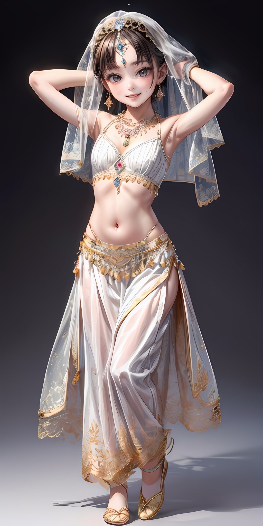 (masterpiece,ultra-detailed,best quality,8K,CG,illustration,shaved:1.0),(petite girl:1.0) <lora:more_details:1>, smile,simple background, <lora:belly dance clothes v1.0:0.5> jyojifuku, veil, midriff, necklace, earrings, see-through,dance,white clothes