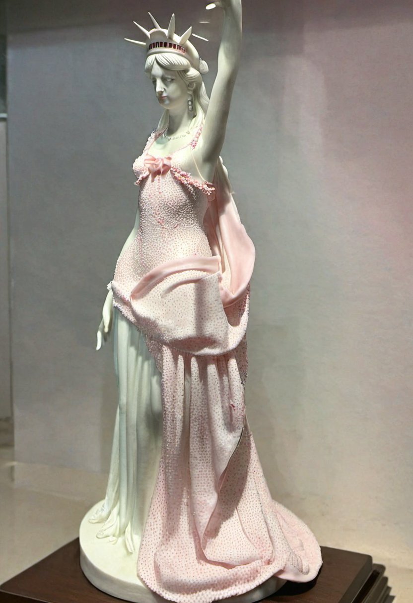 dehuabaici,puregirl<lora:dehuabaiciSDXL-000011:0.85> <lora:puregirl-000007:0.15> Statue of Liberty, wearing a long flowing gown, raised on a pink and white pedestal, pink polka dots on the bottom of the dress, 