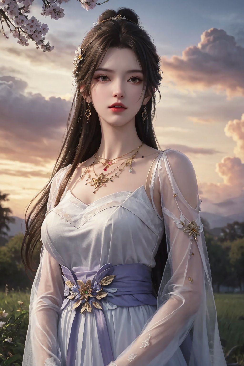 1girl, jewelry, dress, hair ornament, solo, white dress, earrings, long hair, upper body, brown hair, sky, necklace, cloud, long sleeves, hair bun, cloudy sky， sky，looking at viewer，night，standing,sakura，sky，blue sky，cloud，flowers，trees，(large breasts:1.2),under tree，ultra-detailed, highres, extremely detailed,best quality ,masterpiece, illustration, extremely delicate and beautiful,CG ,unity ,8k wallpaper,Amazing, finely detail,official art, <lora:dingdang-qingyixs:0.55>