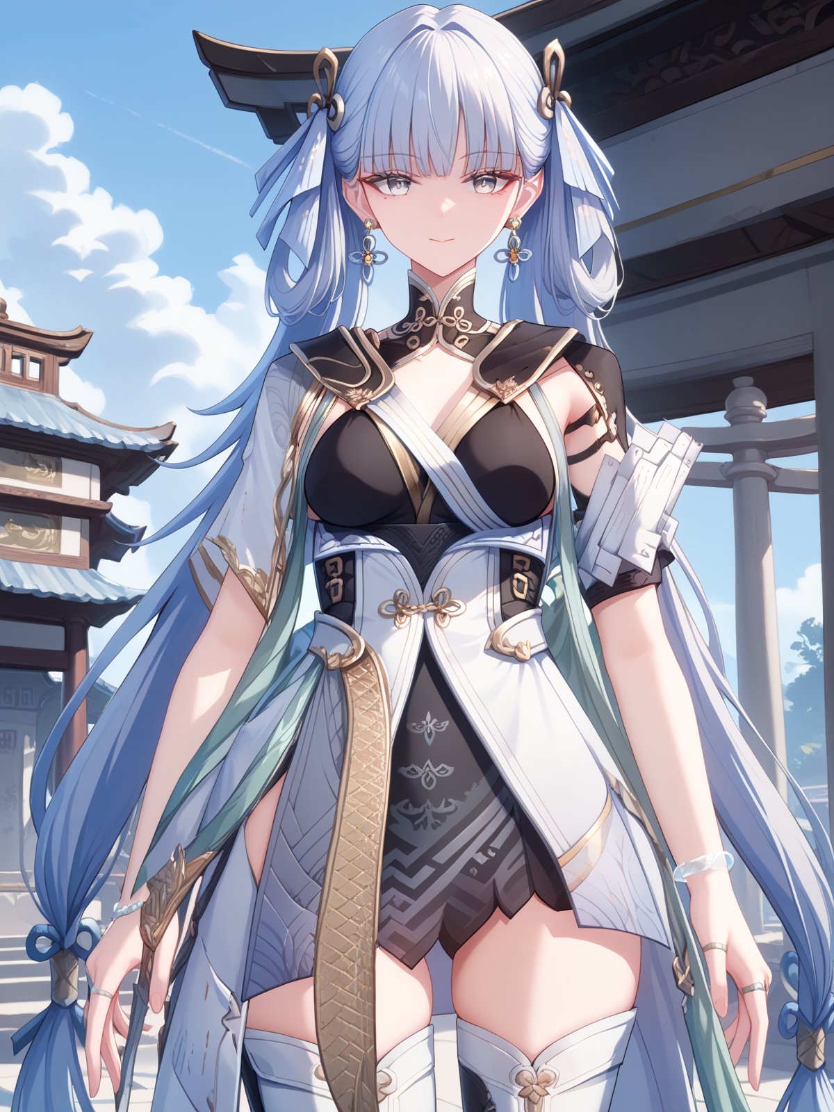 ((score_9)), ((score_8)) smile, looking at viewer,   <lora:JinshiPonyV5-04:1> jinshiponyv5, 1girl, long hair, earrings, closed mouth, grey eyes, medium breasts, blunt bangs, dress, ribbon, hair ribbon, mole under eye, very long hair, short sleeves, bracelet, ring, collarbone,  white thighhighs, thigh boots, cowboy shot, temple, east asian architecture, 