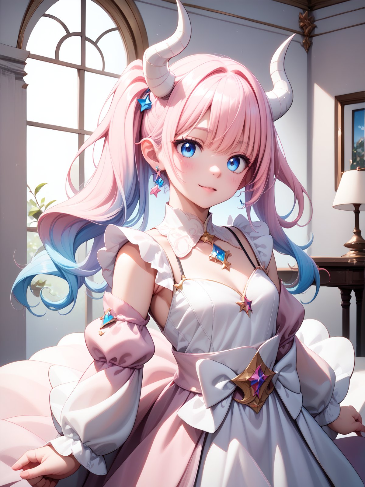 Score_9, score_8_up, score_7_up, masterpiece, best quality, 1girl, <lora:yuta-chernobaeva-pxl:1.0>, yuta-chernobaeva-pxl, Pink hair, blue eyes, Gradient hair, White horns