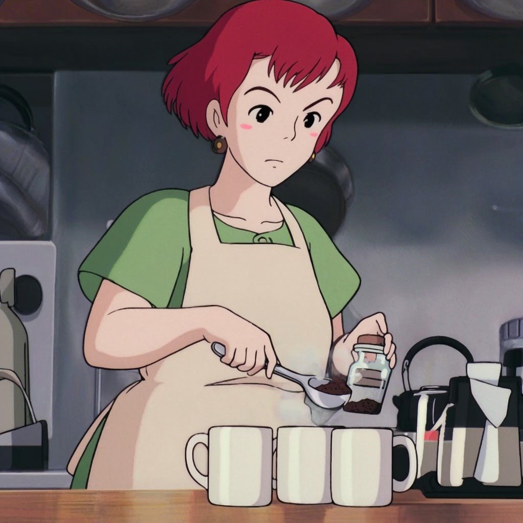 A ghibli style image of a woman with short red hair and a light-colored apron over a green shirt preparing coffee in a kit...