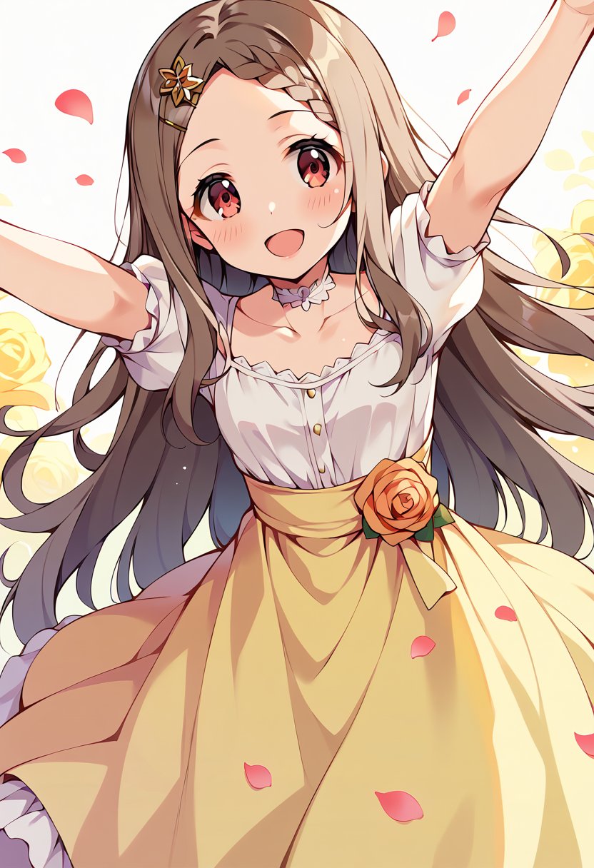 score_9, score_8_up, score_7_up, best quality, masterpiece, source_anime BREAK1girl, aoba kokona, solo, open mouth, smile, hair flower, brown hair, looking at viewer, :d, outstretched arms, braided bangs, collarbone, blush, pink flower, very long hair, yellow flower, petals, star \(symbol\), white dress, yellow rose, pink rose, puffy short sleeves, yellow dress, pink eyes, parted bangs, dutch angle, outdoors, forehead, lens flare, star hair ornament, white shirt, orange flower, orange rose, arms up, brown eyes, spread arms, white choker, brown rose, standing, brown flower, day, sunlight, layered dress, small breasts, veil, grey hair, red eyes, blurry background<lora:aoba_kokona_sdxl_locon_pony_v1:0.7>