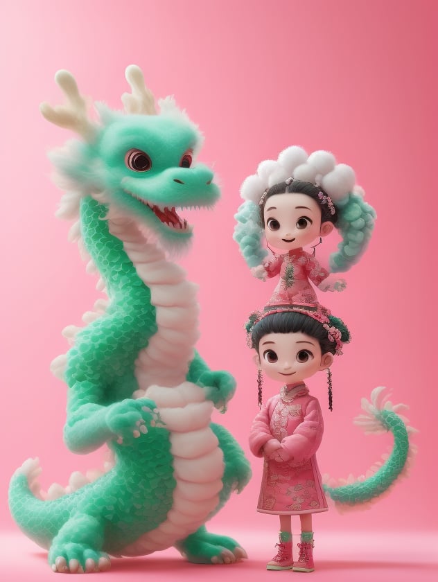 1girl,black hair,hair stick,hair ornament,looking at viewer,chinese clothes,long sleeves,standing,eastern dragon,child,pink background,black eyes,hair bun,smile,arms at sides,full body,braid,boots,dress,closed mouth,dragon,female child,red eyes,simple background,single hair bun,cross-laced footwear,chibi,lbb,<lora:lbb-000008:0.8>,<lora:2Msd15_lcm_lora_rank1:0.9>,<lora:huad10:0.4>,