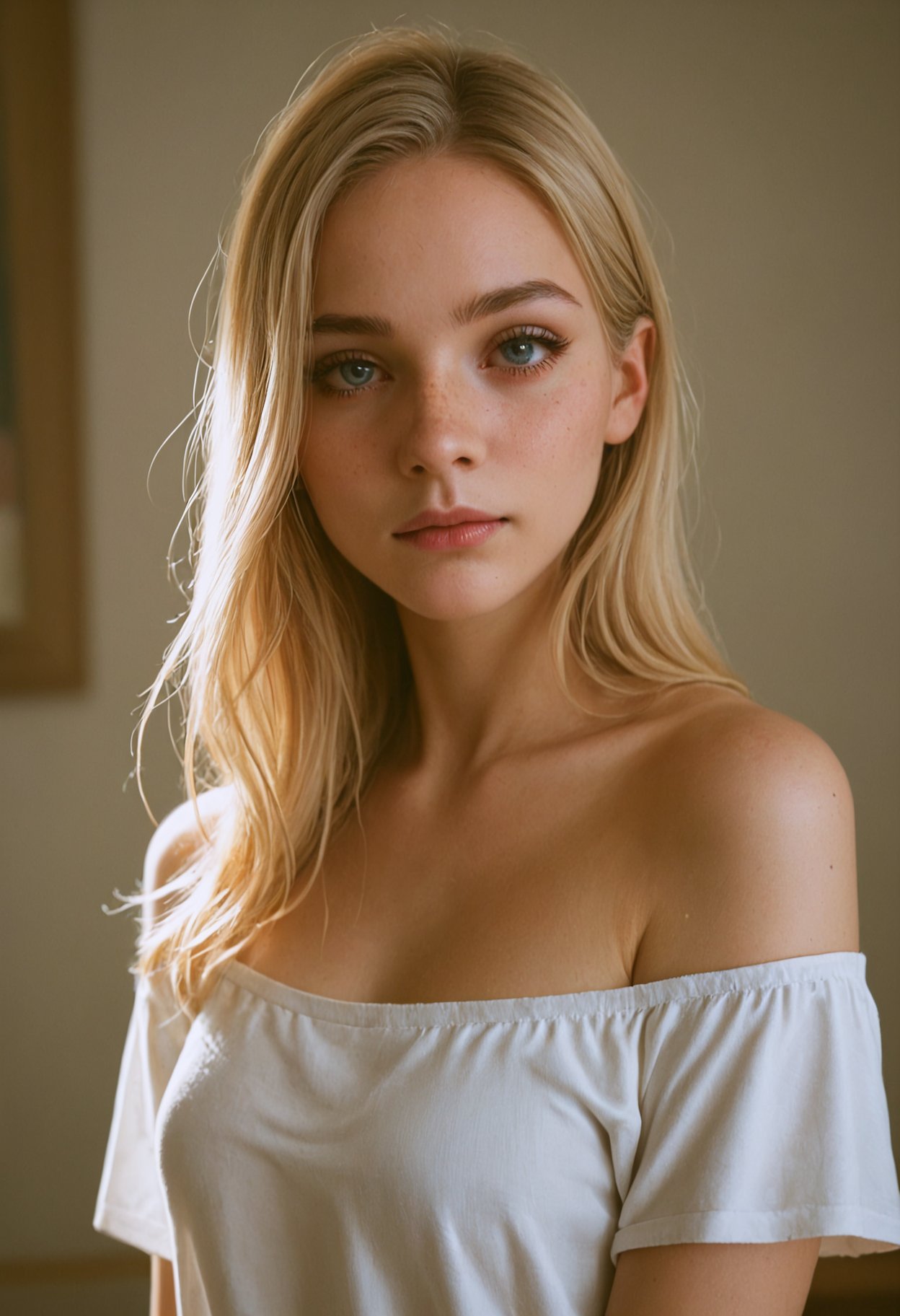 (score_9, score_8_up:1.1), score_7_up1girl, (18-years-old), innocent and alluring, long hair, alternative vibe, beautiful eyes, freckles, medium breasts, (open mouth:0.6), subtle cleavage, tight body, slutty, candid picture, (cozy bedroom), off-shoulder shirt, dynamic angle, vibrant lighting, high contrast, dramatic shadows