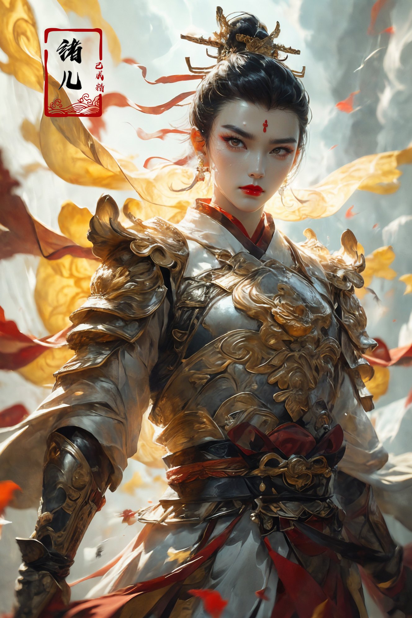 Dynamic Angle, Perspective, High Point,pov，1woman, xuer Ancient Chinese armor,  shoulder armor，holding weapon, Chinese sword，(full body:1.1), A mature face，sideways glance, (cold attitude,eyeshadow,eyeliner:1.1),(red lips:1.3),watery eyes,   (Milky skin:1.2), (shiny skin:1.4)，(long legs:1.3),  (upper body:1.5)，A shot with tension，(sky glows red,Visual impact,giving the poster a dynamic and visually striking appearance:1.2),Chinese Zen style,impactful picture,<lora:绪儿-中国铠甲 xuer Ancient Chinese armor:0.8>