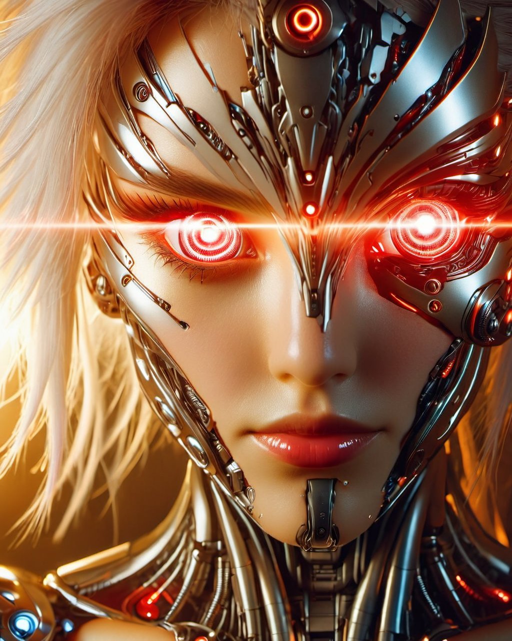 gmlm, solo, close-up, glowing, white hair, portrait, lips, glowing eye, male focus, science fiction, red eyes, 1girl, lens flare, realistic, cyborg, closed mouth, looking at viewer, glowing eyes, robot, long hair, shiny, android, headgear, blurry, cyberpunk,<lora:gmlmSDXL-000014:0.9>(extremely detailed CG unity 8k wallpaper,masterpiece, best quality, ultra-detailed, beautiful detailed eyes:1.2),best illumination, (best shadow, an extremely delicate and beautiful, bloom),1gril,solo,pink eyes,pink hair, smile,