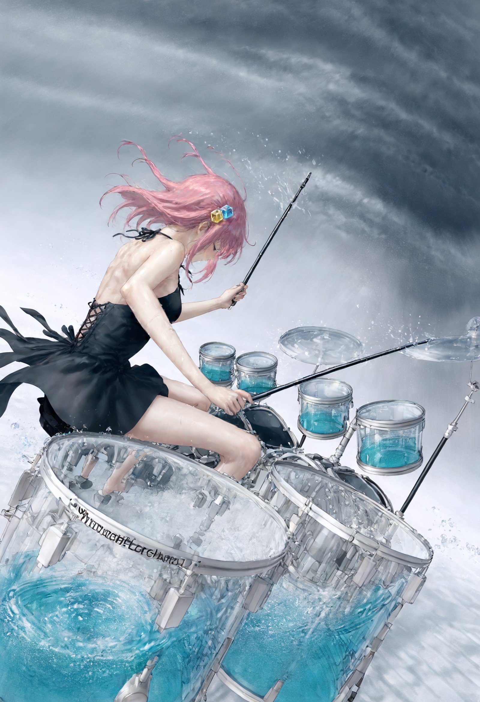 a girl playing drums in the ocean with water splashing around her and a drum set in the background, 1girl, gotoh hitori, cube hair ornament, closed eyes, sitting on chair, playing instrument, black dress, drum set, solo, drumsticks, water, bare legs, <lora:Lumina:0.8>