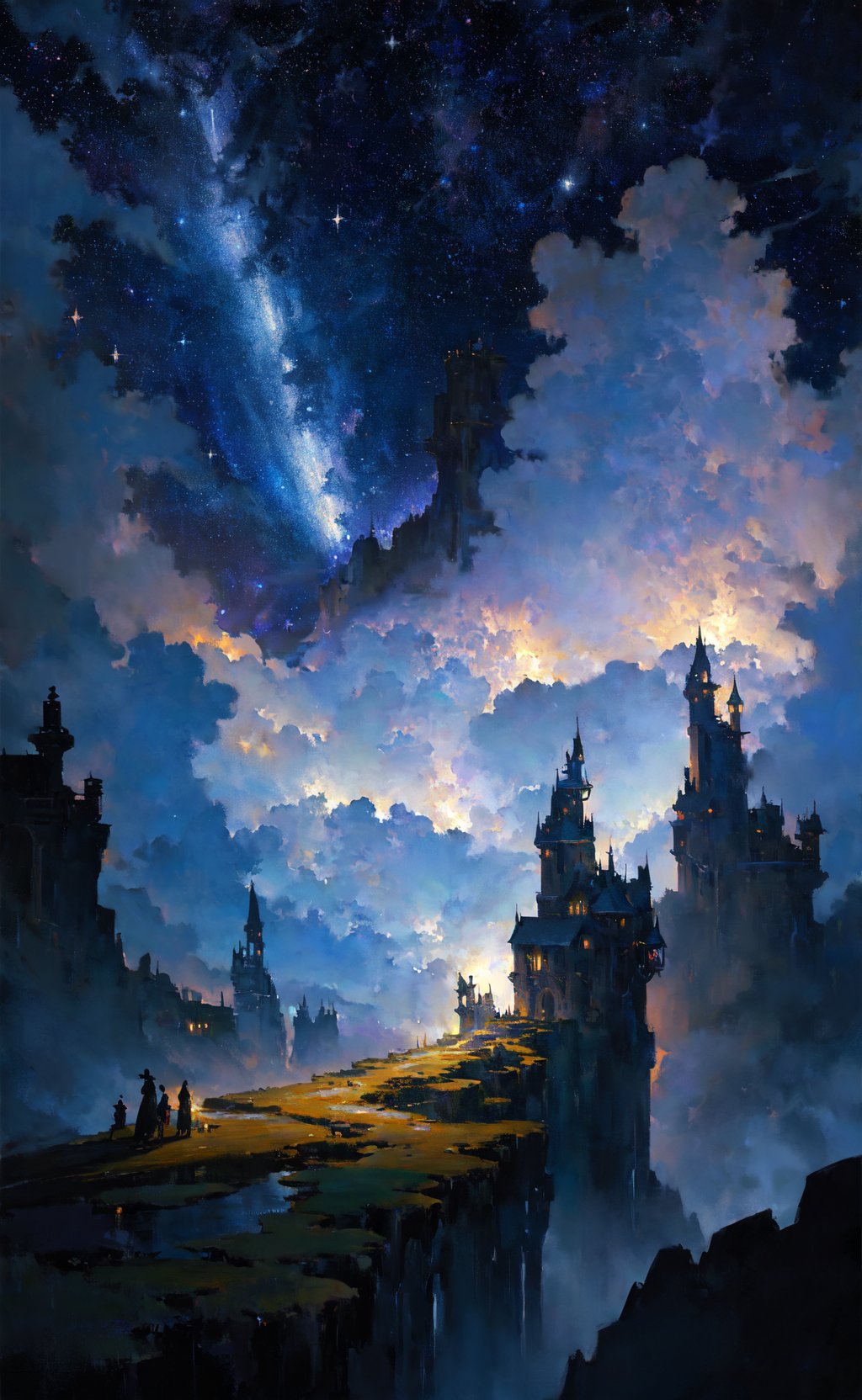 masterpiece, best quality, fantasy illustration, oil painting, everyday life in the cloud kingdom, dark moody lighting, night, night sky, starry sky, star \(sky\), sparkle